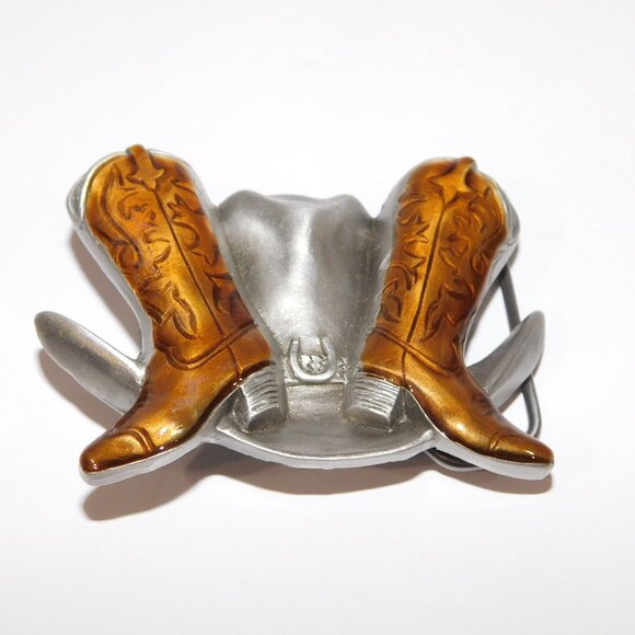 VTG 1995 GAP Western Cowboy Boots & Hat Pewter Belt Buckle 3.5" x 2.5" - Picture 1 of 5